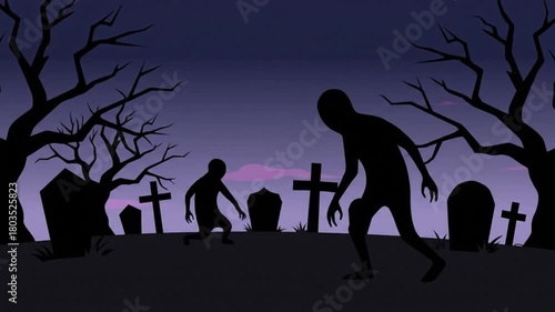 Animated Zombie Silhouettes Strolling Through Spooky Graveyard at Dusk.