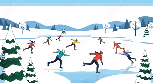 People ice skating on a frozen lake surrounded by snow covered trees and hills