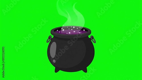 Animated Cauldron Bubbling with Purple Potion on Green Screen.