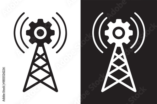 Antenna icon with gear vector illustration of transmission tower isolated on white and black background