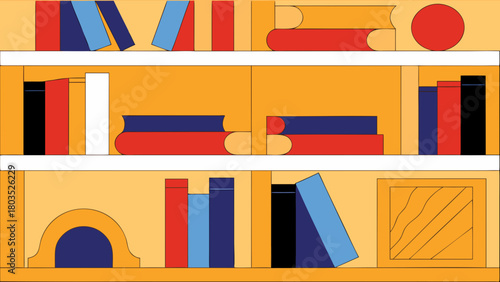 Abstract Bookshelf Displaying Colorful Books in Minimalist Style