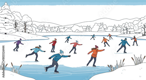 People ice skating on a frozen lake surrounded by snow covered trees in wintertime