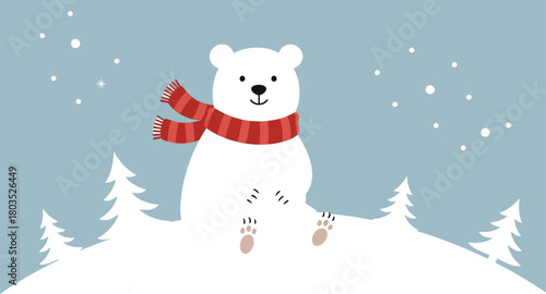 Cute polar bear wearing a scarf sitting in a snowy winter landscape scene art