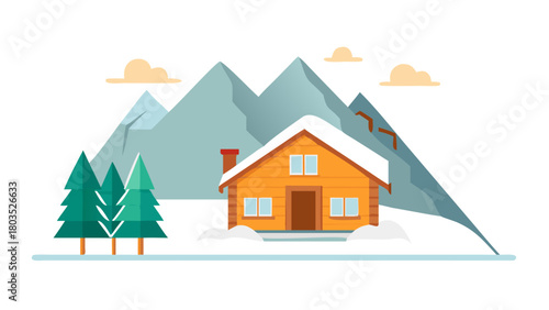 Chalet in snow with mountain backdrop and winter atmosphere