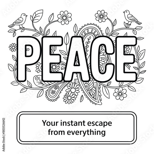 Peace coloring page with birds and flowers for relaxation time