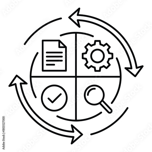 Process cycle with document gear checkmark and magnifying glass icons
