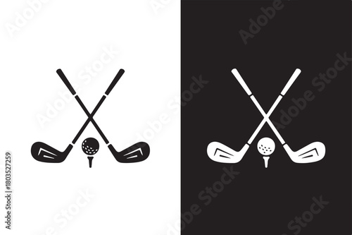 Golf club and ball icon minimalist vector illustration for sports design isolated on a split black and white background