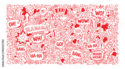 Red doodle illustration with speech bubbles exclamation points and abstract shapes