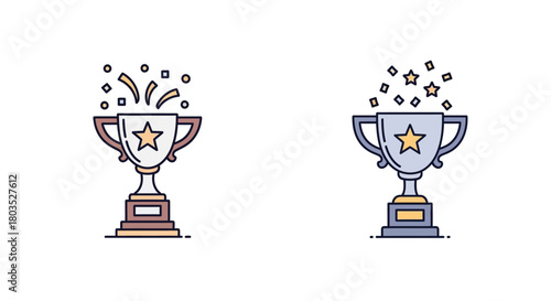 Two golden trophies with stars and confetti celebrating success and achievement