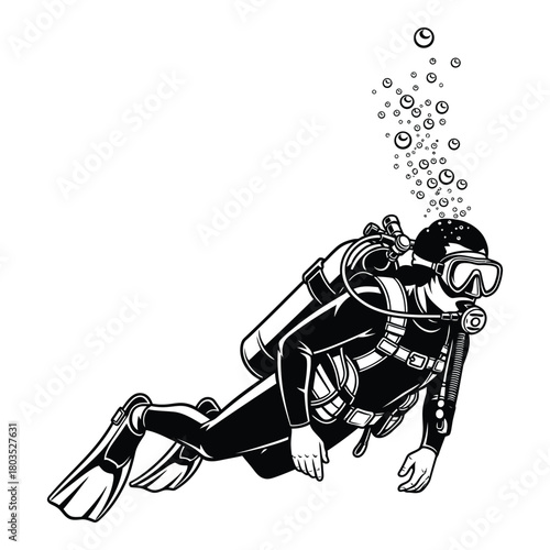 Scuba diver underwater exploring the depths in black and white