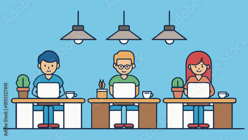 People using laptops in a cafe environment illustration