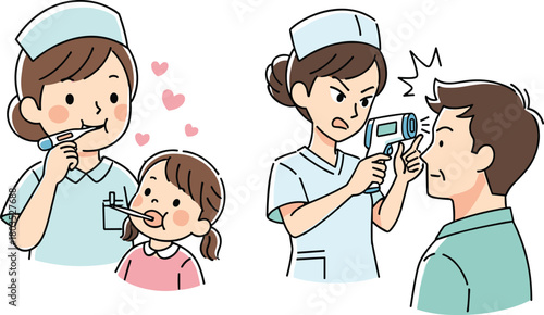 Cartoon nurse checking temperature of patients with thermometer and infrared scanner, healthcare medical illustration showing child and adult examination scene