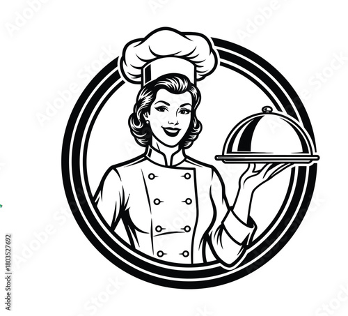 Female chef holding platter isolated on white background for restaurant or catering service