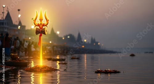 Hindu Kumbha Ritual (local) Trishul glowing by riverside, yellow-orange gradient