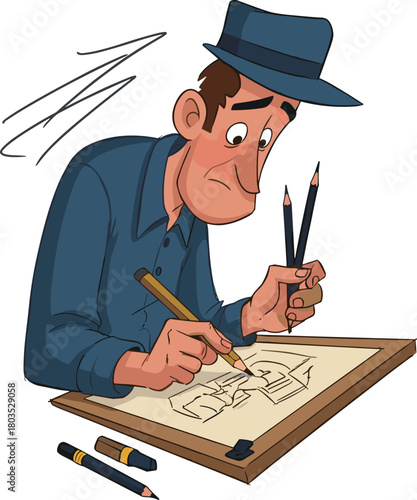 Focused cartoon illustrator drawing at a drafting table, creative artist sketching character design with pencils, professional artwork concept illustration