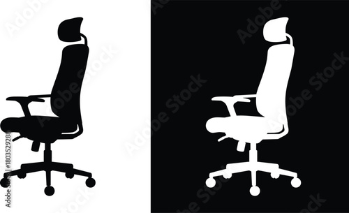 Ergonomic office chair silhouette vector illustration showing adjustable swivel seat with headrest, modern workplace furniture design, black and white seating concept graphic