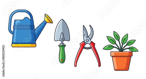 Gardening tools and a potted plant displayed in a colorful cartoon illustration