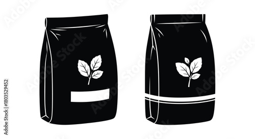 Two black packaging bags with a leaf design side by side