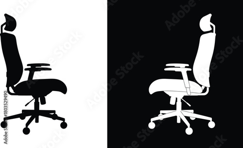 Ergonomic office chair silhouette vector illustration featuring adjustable swivel seat with headrest, modern workplace furniture design, black and white seating concept graphic