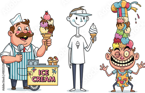 Funny ice cream characters, cartoon vendor and customers enjoying colorful cones, humorous melting scoops illustration, playful dessert artwork for summer themes