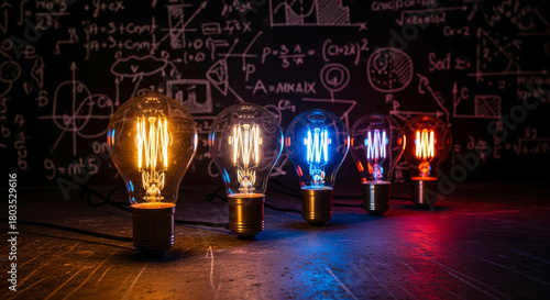 A row of illuminated filament bulbs shines against a dark blackboard covered in mathematical equations. The lighting highlights the vintage design and symbolizes innovation.