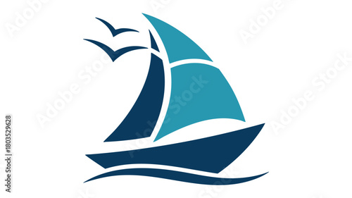 Blue sailboat with birds flying