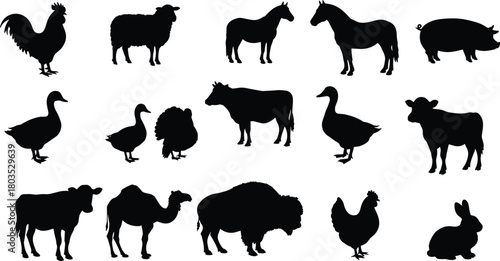 Farm animal silhouette collection featuring rooster, sheep, horses, pig, cows, ducks, turkey, camel, bison and rabbit, ideal for agriculture graphics, rural vector projects
