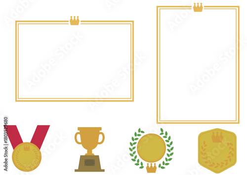 シンプルな王冠のアイコン付き縦横賞状枠と便利なエンブレムと優勝カップとメダルの素材セット
