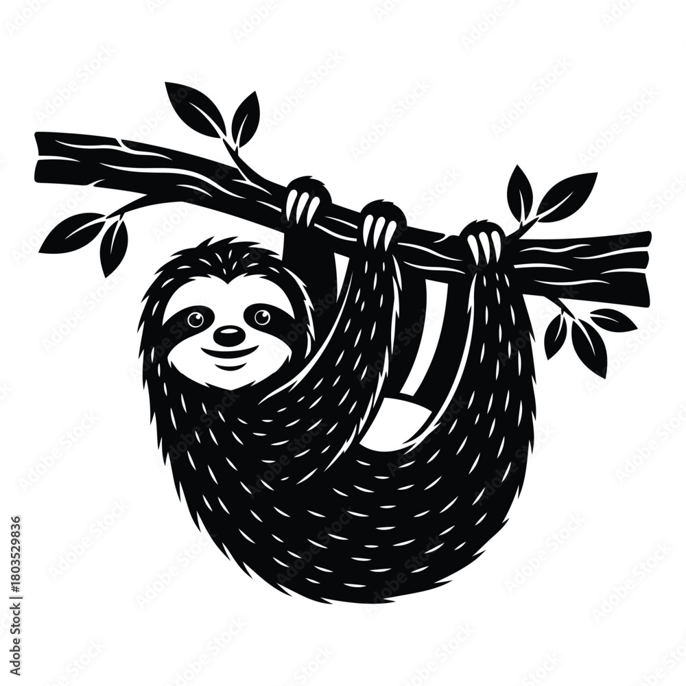 Naklejka premium Stylized illustration of a sloth hanging from a tree branch icon
