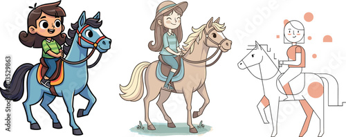 Horse riding illustration, cartoon riders, artistic styles, equestrian theme, diverse characters, modern design, children and adults, creative horse scene, outdoor concept