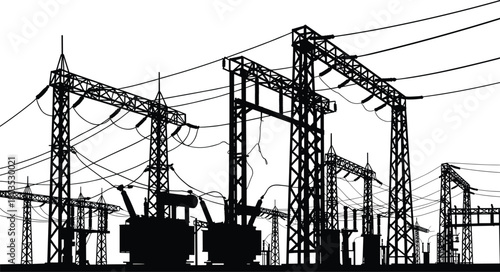 High voltage electrical substation silhouette featuring power lines, transmission towers, industrial energy infrastructure, 