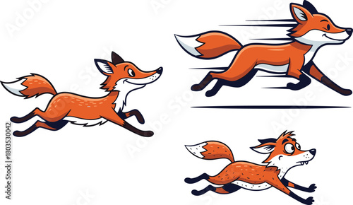 Running fox cartoon illustration showing playful fox characters in motion, fast animal mascot artwork for wildlife design, animation and children’s graphics