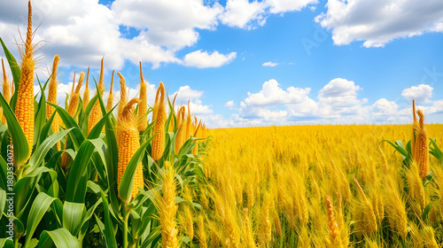 yellow corny field with blue sky and white clouds in the summer - czech agriculture - ecological farming and corn plant