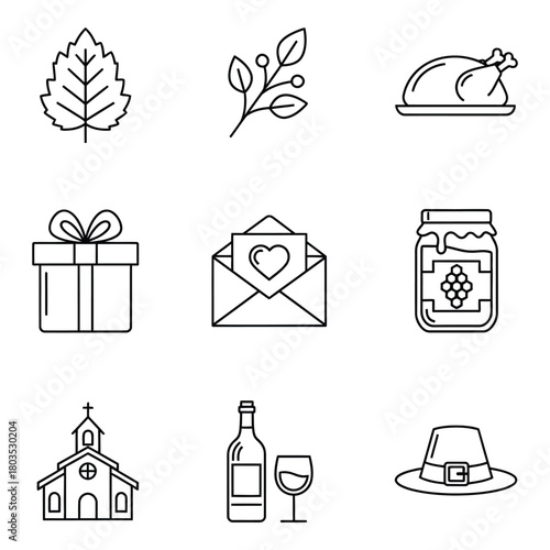 Thanksgiving Day celebration icon collection in modern line style vector