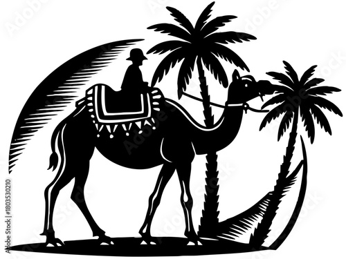 Camel Rider Caravan Silhouette Vector Graphic with Palm Trees