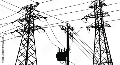 High voltage power transmission towers and electric distribution pole silhouette, detailed vector illustration showcasing energy infrastructure, utility networks, industrial 