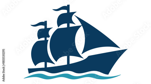 Blue sailing ship on ocean waves