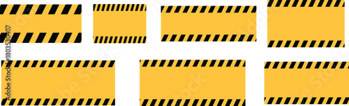 Yellow hazard with black striped border .  Blank warning line striped rectangular background. 