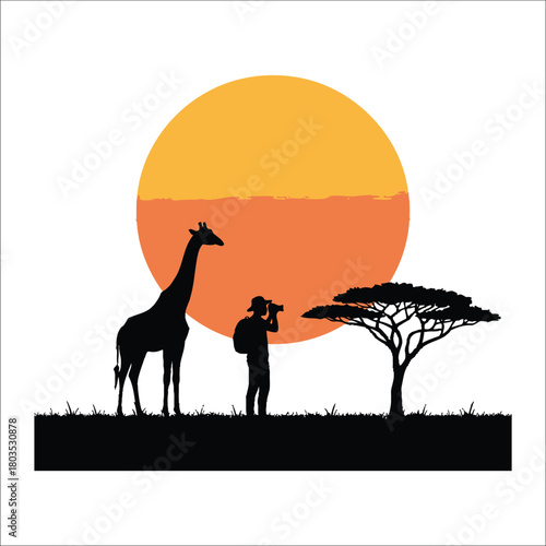 Silhouette of giraffe, photographer, and acacia tree at sunset vector illustration