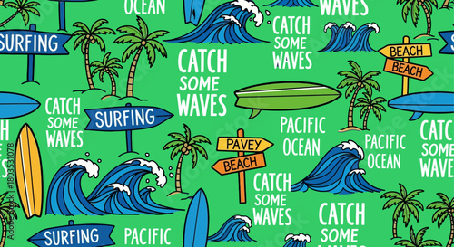 Hand drawn vector seamless pattern. Surfboards palm trees, waves and slogan texts.