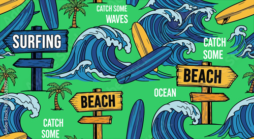 Hand drawn vector seamless pattern. Surfboards palm trees, waves and slogan texts.