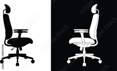 Office chair silhouette vector illustration showing ergonomic swivel seat with headrest, modern workplace furniture design, black and white adjustable chair concept graphic