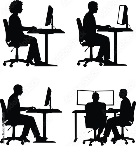 Office worker silhouette vector illustration showing people at computers, desk workstation scenes, teamwork and individual tasks, modern workplace concept graphic design