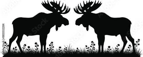 Silhouette illustration of two moose facing each other with large antlers, standing in wild grass and flowers, detailed wildlife vector design for nature artwork