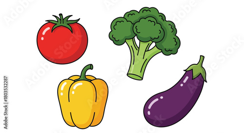 Colorful cartoon illustration featuring a tomato broccoli bell pepper and eggplant