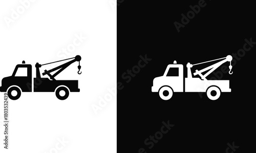 Tow truck silhouette vector illustration showing towing vehicle, rescue service icon, black and white design, transportation symbol, emergency roadside assistance graphic