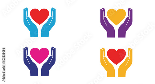 Four colorful heart icons cradled by protective hands representing care and support
