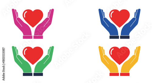 Hands cradling red hearts in diverse colors symbolizing care and protection