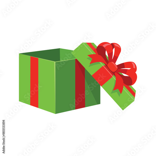 Open green gift box with red ribbon and bow