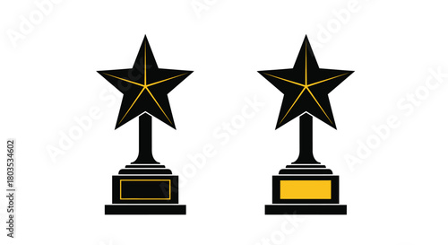 Two black star trophies with yellow accents on a white background